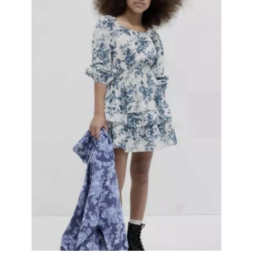 Gap x LoveShackFancy Blue White Floral Ruffle Tiered Mini Dress Girl L 10-11 Yrs
